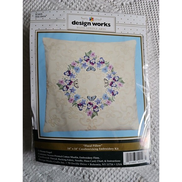 E103 DESIGN WORKS Candlewicking Embroidery Kit 14X14 Floral Pillow Elenor Engle - Picture 1 of 6